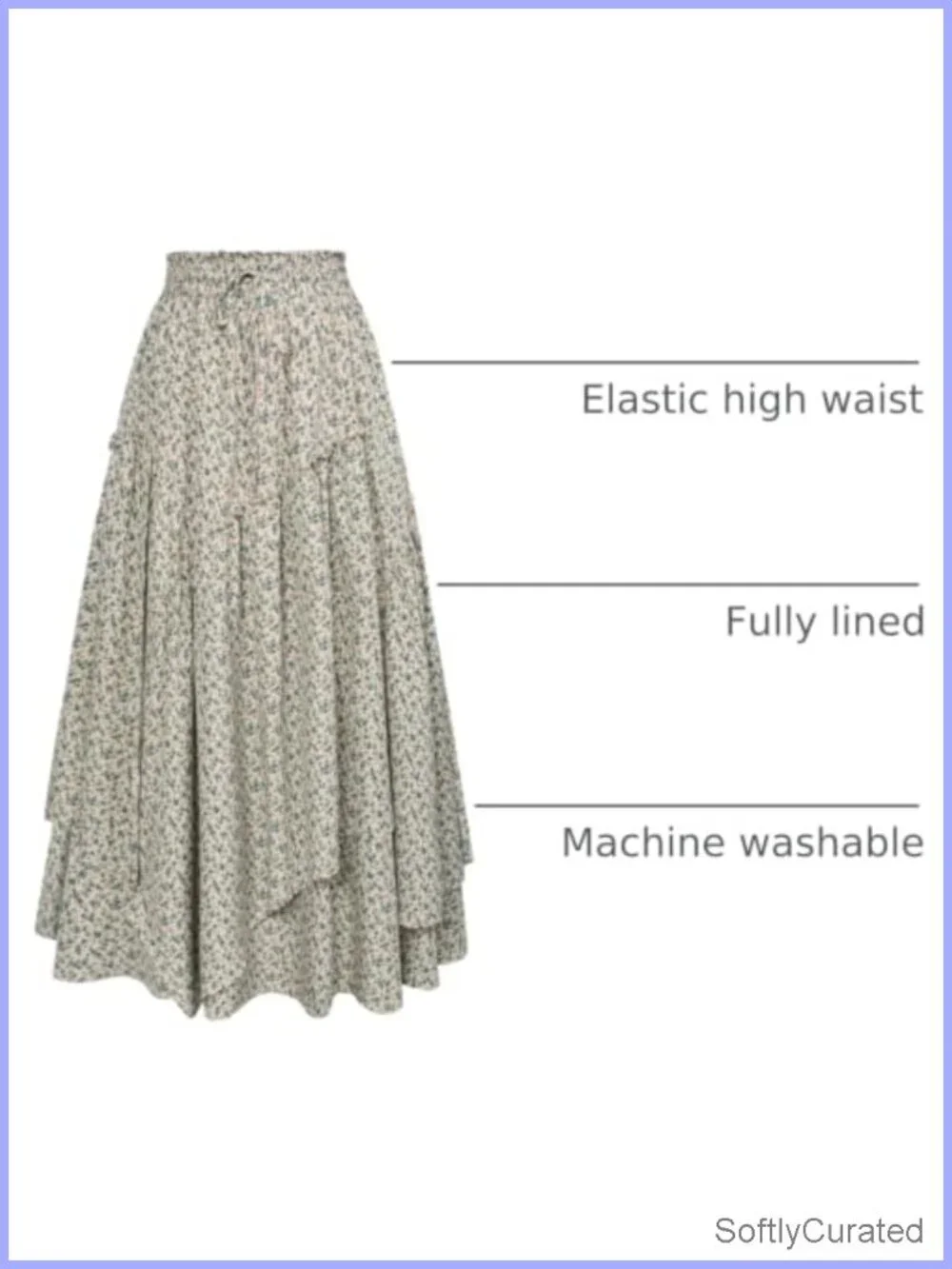 Women's Floral Maxi Skirt A-Line Elastic Waist, Layered Hem, Pockets,